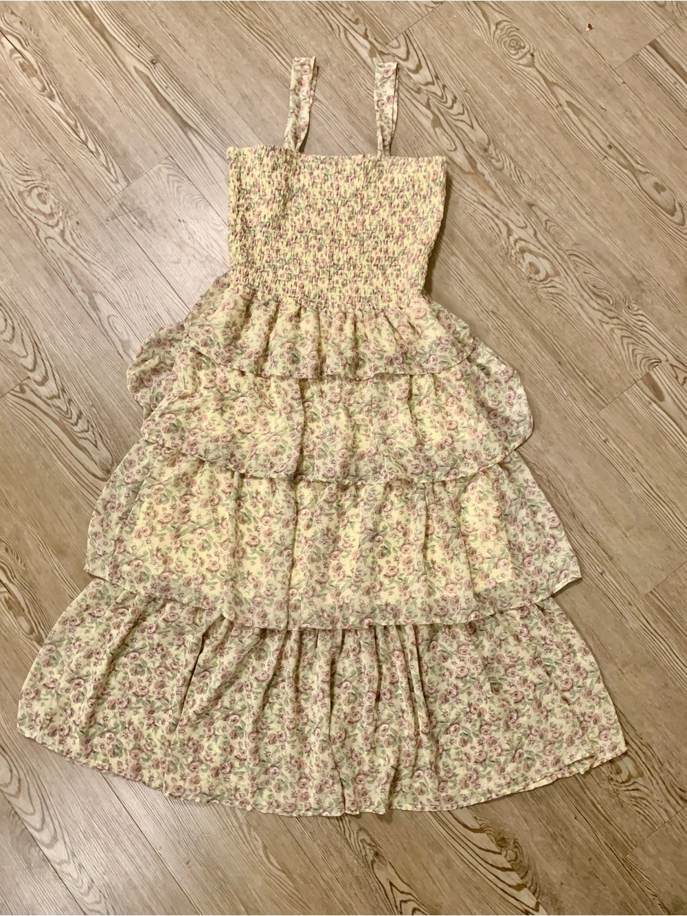 Mimi Chica Cream Floral Smocked Tiered Midi Dress with Pink & Green Accents